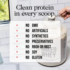 NAKED Whey chocolate ingredient list visible, highlighting three simple ingredients.