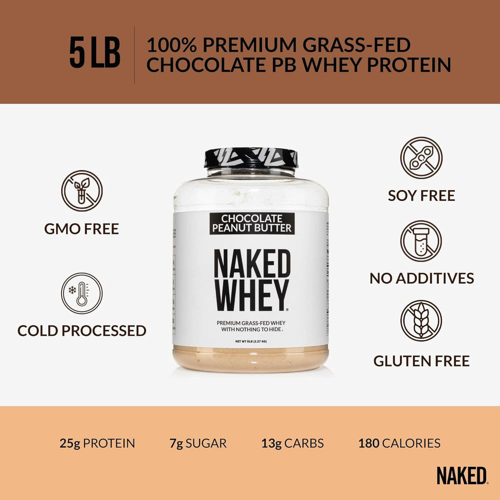 Scoop of NAKED Whey Chocolate Peanut Butter beside a glass shake.