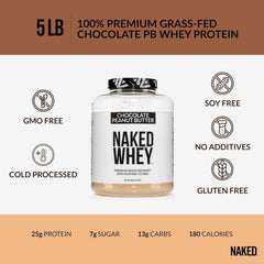Scoop of NAKED Whey Chocolate Peanut Butter beside a glass shake.
