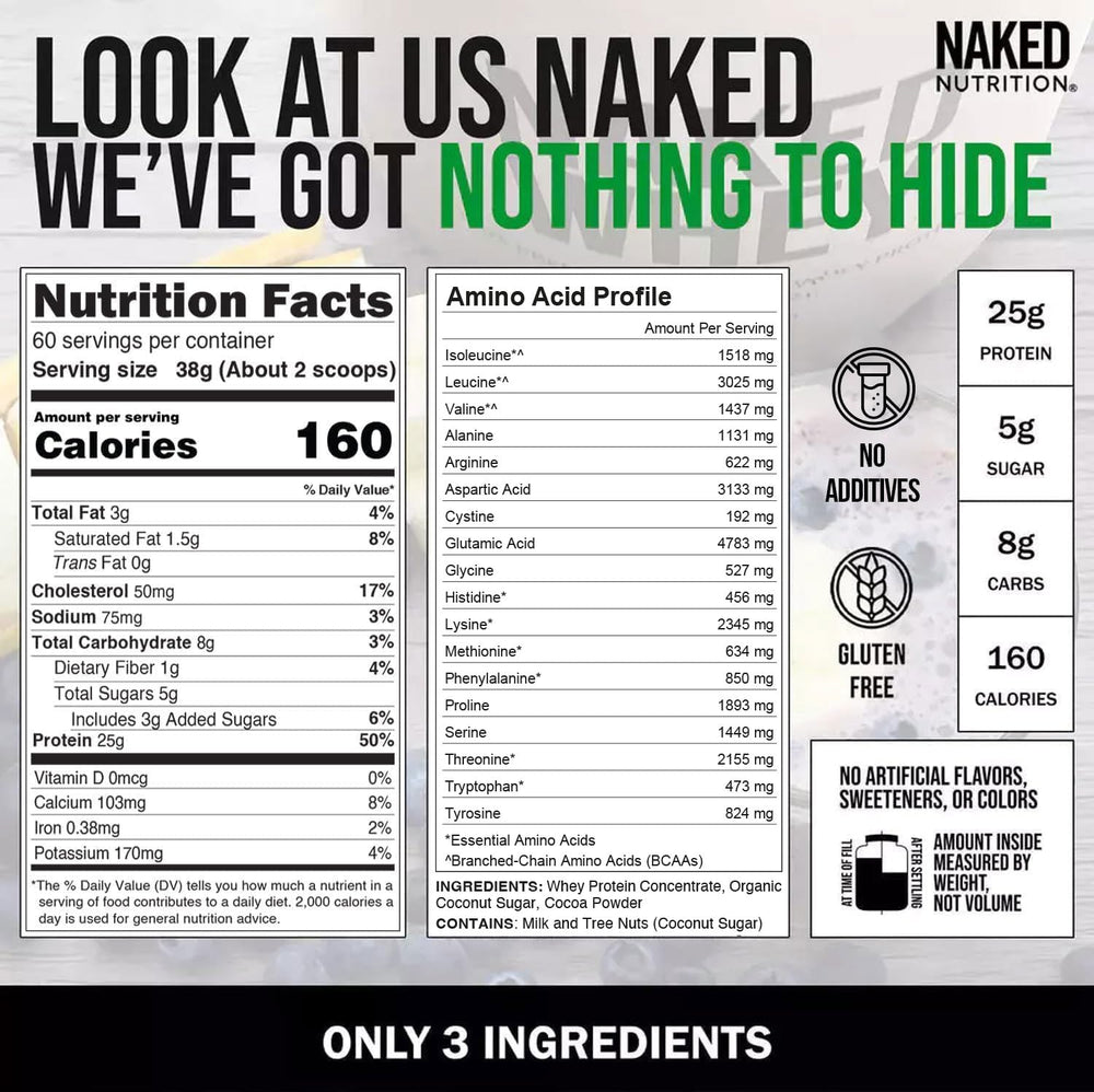 NAKED Whey chocolate shake ready to blend for pre-workout energy and focus.
