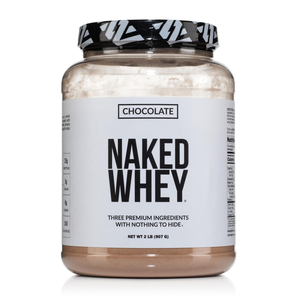 NAKED Whey chocolate protein powder bottle with three-ingredient formula for clean nutrition
