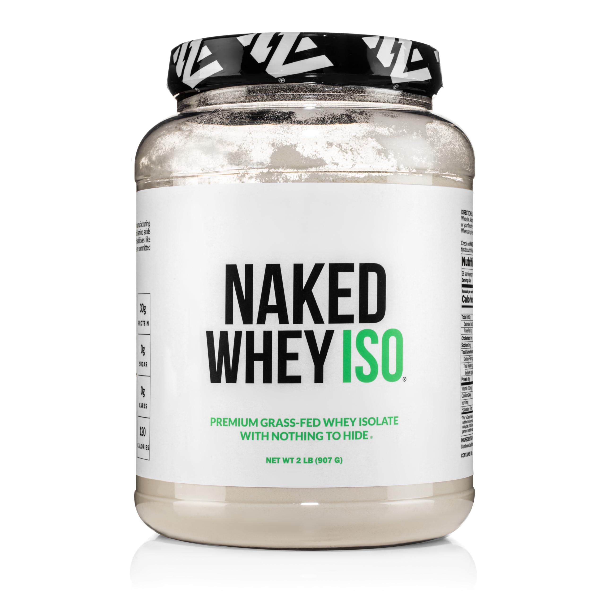 NAKED Whey Isolate unflavored powder jar showing clean two-ingredient formula for versatile shakes