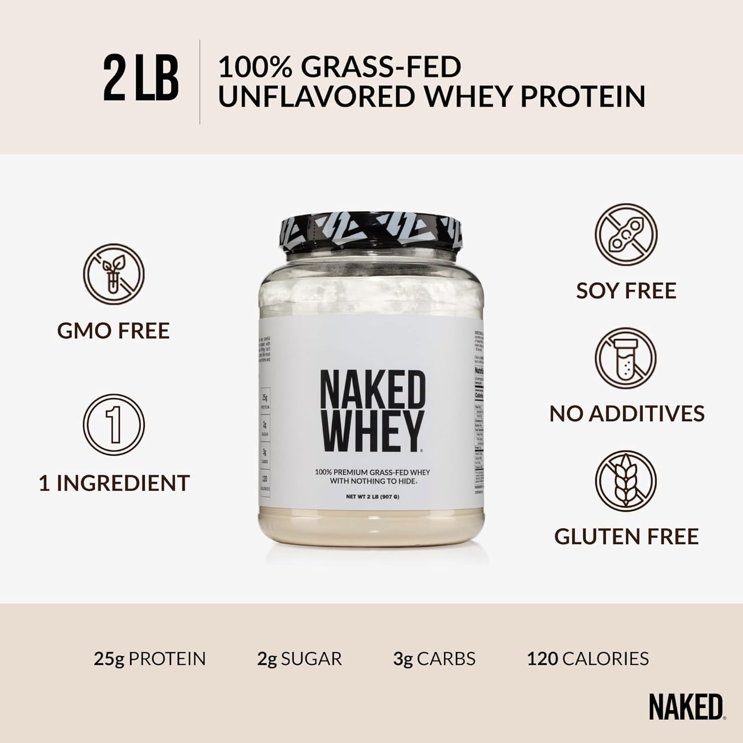 NAKED Whey unflavored powder label showing a single-ingredient protein.