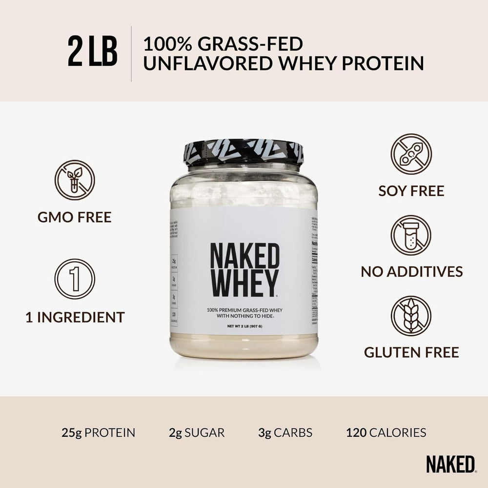 NAKED Whey unflavored powder label showing a single-ingredient protein.