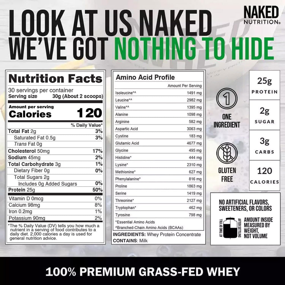 NAKED Whey post-workout shake with glass and fruit demonstrating recovery-friendly drink.