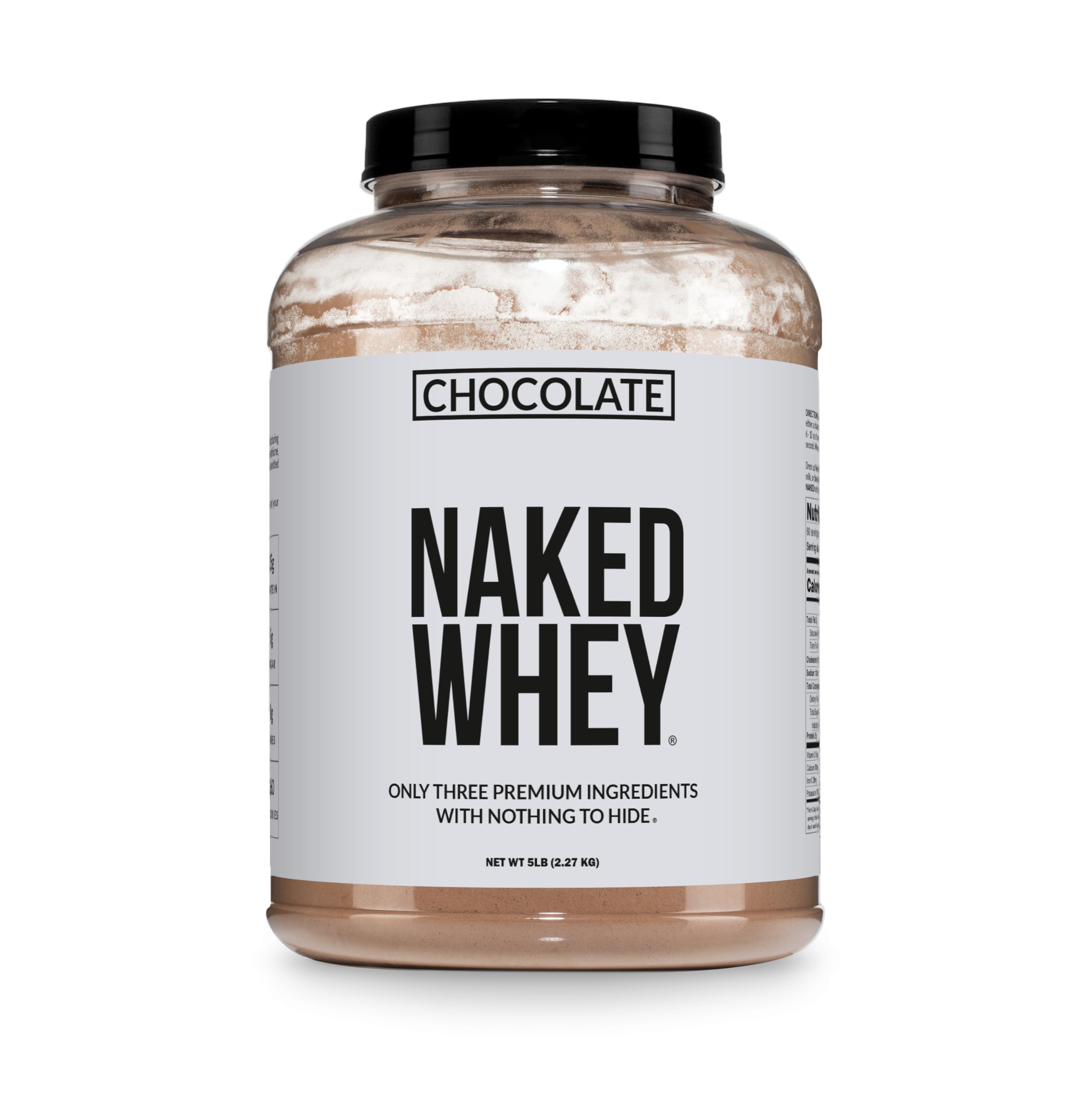 NAKED Whey chocolate tub with label, showcasing clean protein for post-workout recovery.