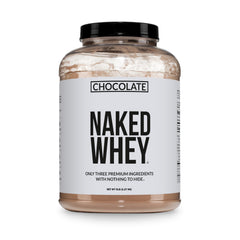 NAKED Whey chocolate tub with label, showcasing clean protein for post-workout recovery.