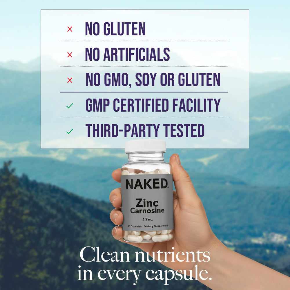 NAKED Zinc Carnosine capsules offer easy swallowing and targeted gut lining support.