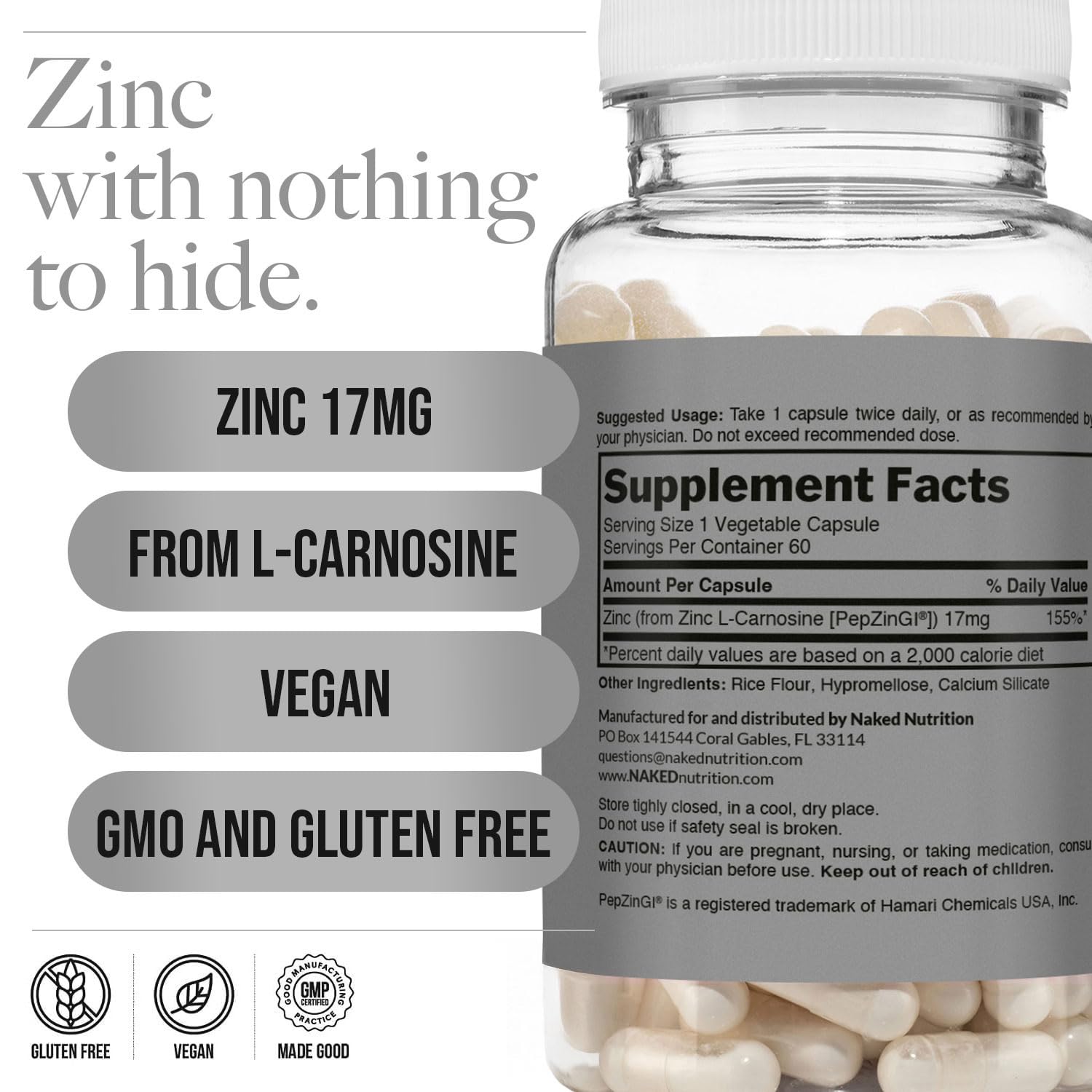NAKED Zinc Carnosine digestive health graphic emphasizes gut lining support and microbiome balance.