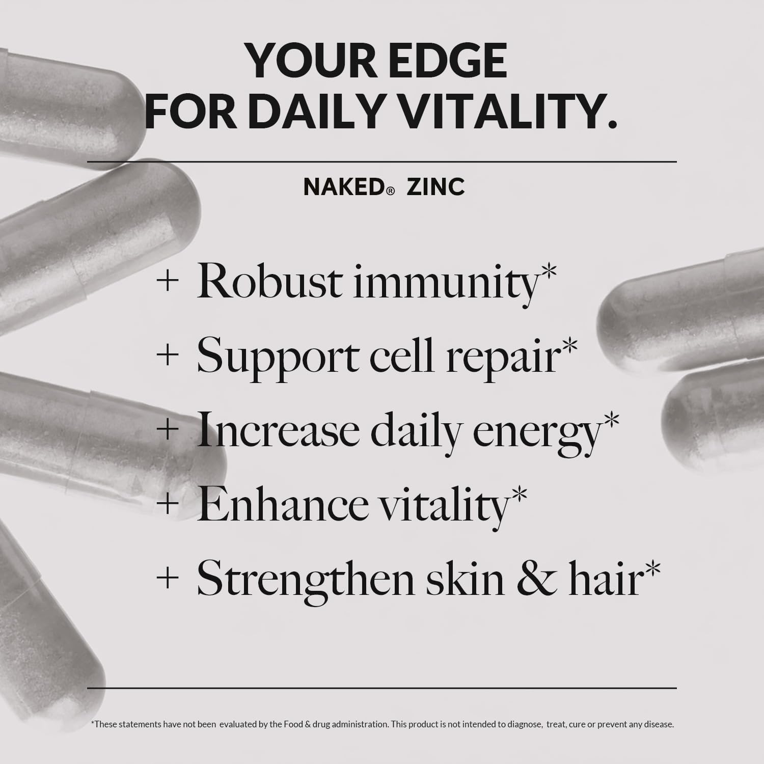 NAKED Zinc Carnosine ingredients label highlights minimal, clean ingredients with no additives.