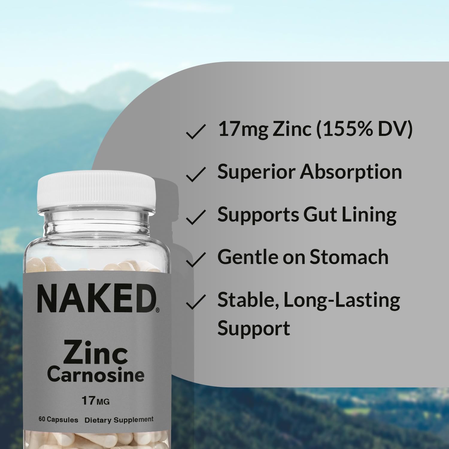 NAKED Zinc Carnosine packaging showcases vegan and gluten-free credentials for mindful supplement selection.
