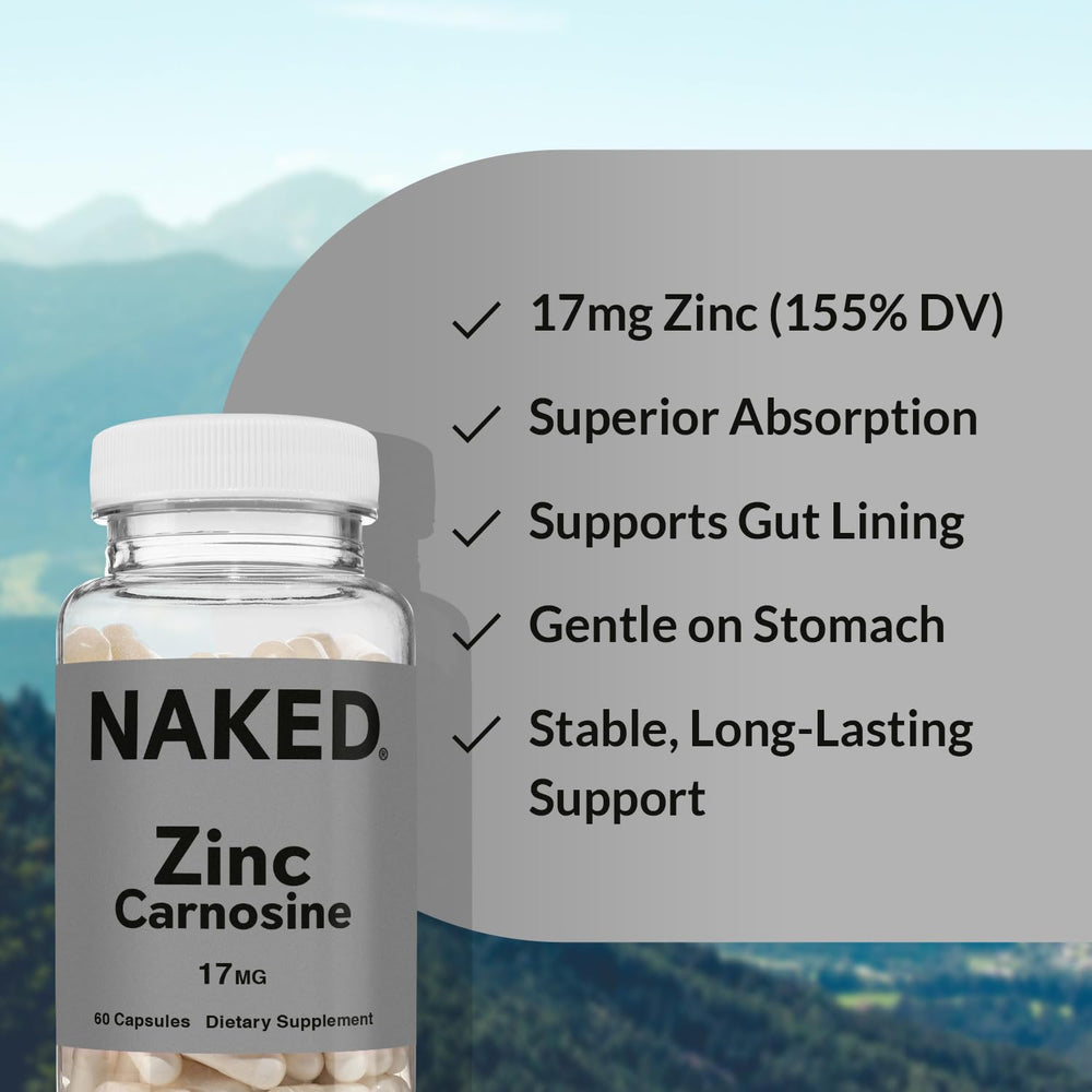 NAKED Zinc Carnosine packaging showcases vegan and gluten-free credentials for mindful supplement selection.