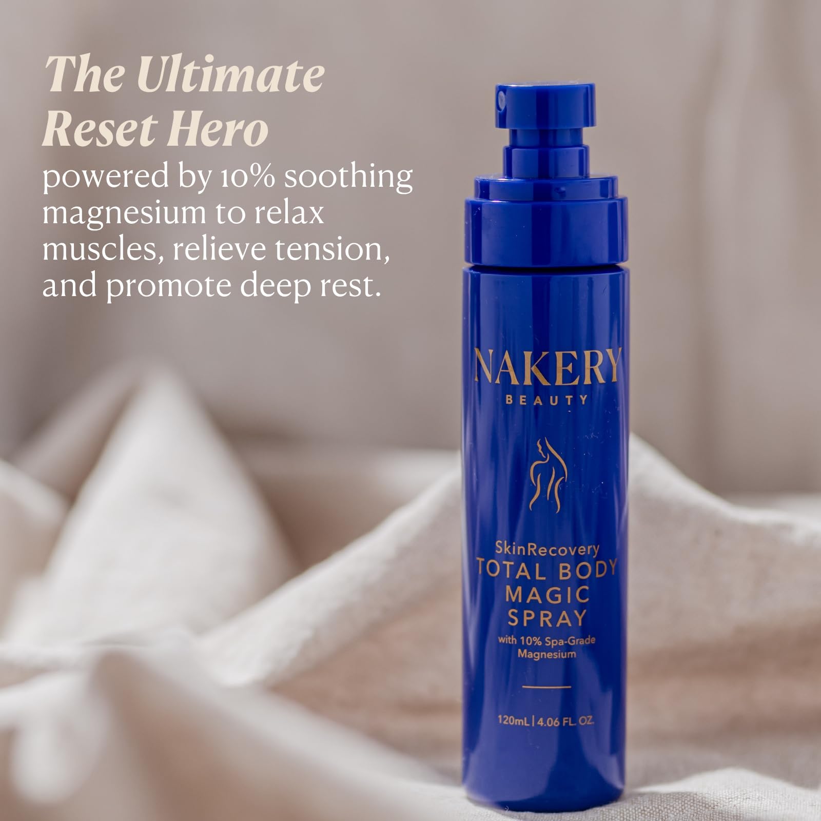 Nakery Total Body Magic Magnesium Spray aromatherapy mist delivers refreshing relaxation after work.