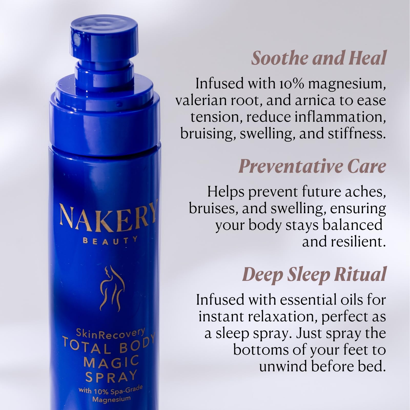 Nakery Total Body Magic Magnesium Spray supports muscle stiffness relief with a lightweight, non-greasy texture.