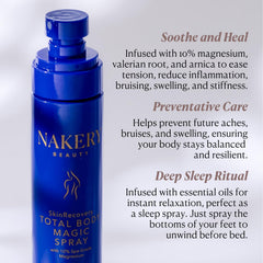 Nakery Total Body Magic Magnesium Spray supports muscle stiffness relief with a lightweight, non-greasy texture.