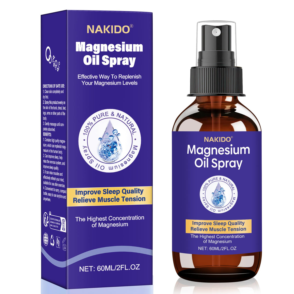 Nakido magnesium oil spray bottle pour highlights premium Dead Sea minerals for relaxation.