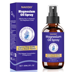 Nakido magnesium oil spray bottle pour highlights premium Dead Sea minerals for relaxation.