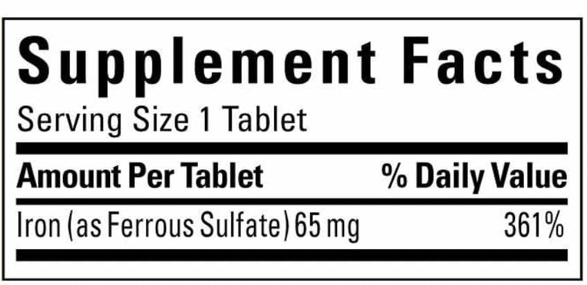Nalkot Nature Made Iron 65 mg, packaging image showing gluten-free formula and no artificial additives