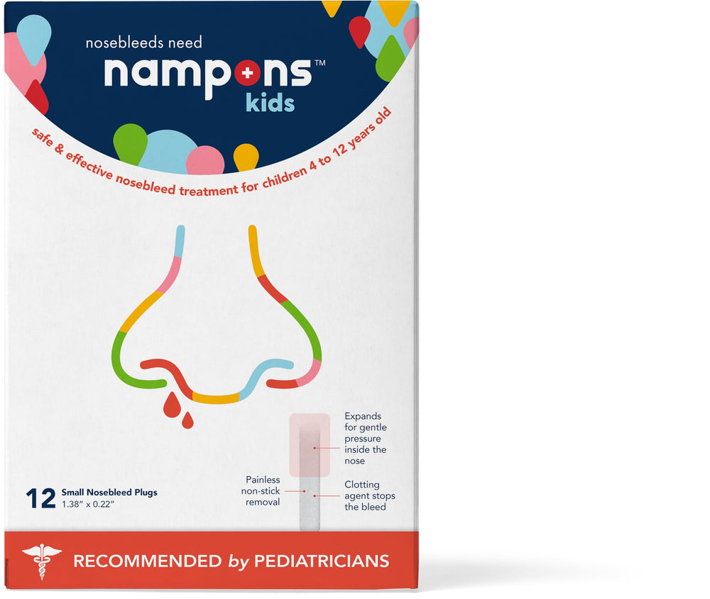 Nampons Kids Nosebleed Stoppers pack shot demonstrates a complete 12-piece kit for quick care.