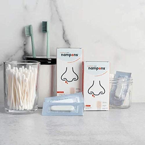 Nampons nasal plug expanding to absorb blood for cleaner handling.