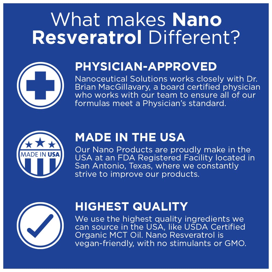 Close-up of label showing vegan, gluten-free, GMO-free Nanoceutical Solutions resveratrol.