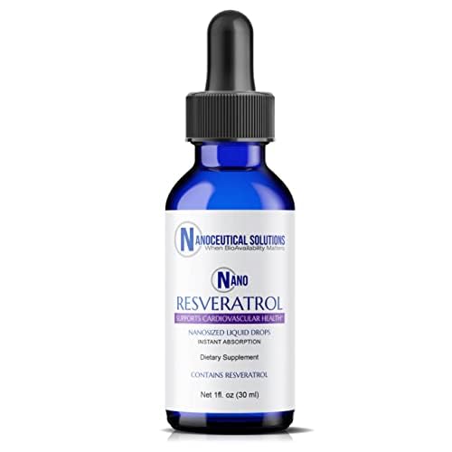 Nanoceutical Solutions nano liquid resveratrol bottle highlighting ultra-absorption formula.