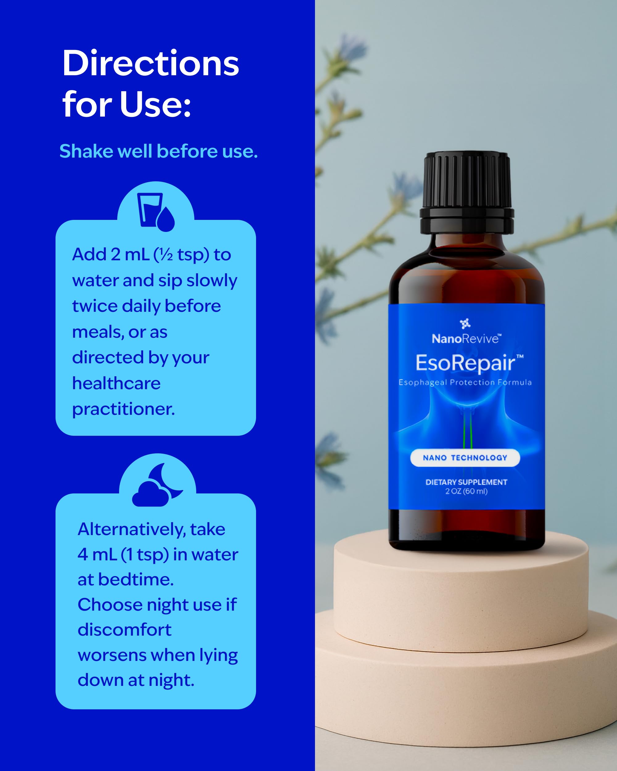 NANOREVIVE EsoRepair dosage instructions showing 2 mL twice daily with water