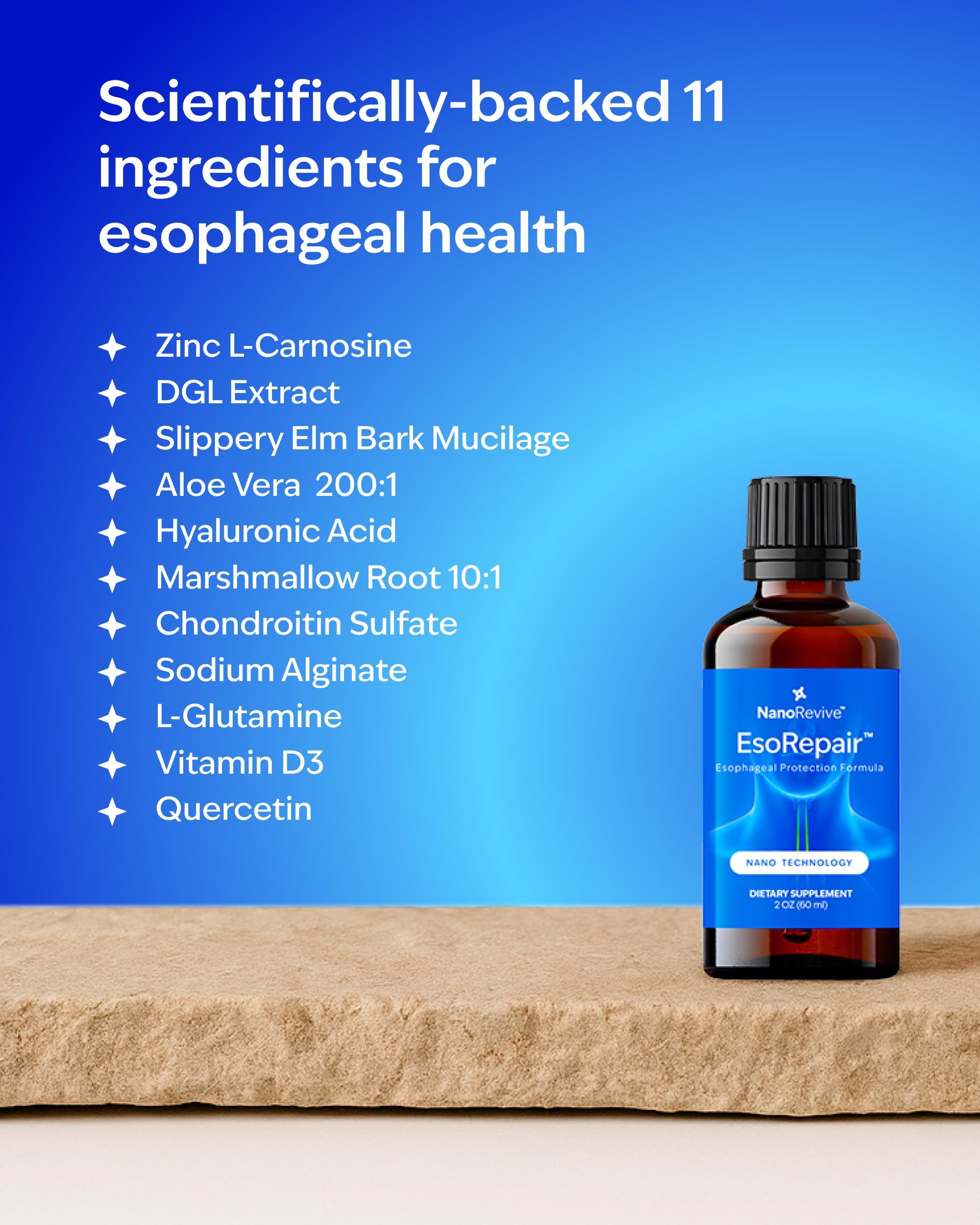 NANOREVIVE EsoRepair ingredients panel featuring marshmallow root and botanicals for comfort