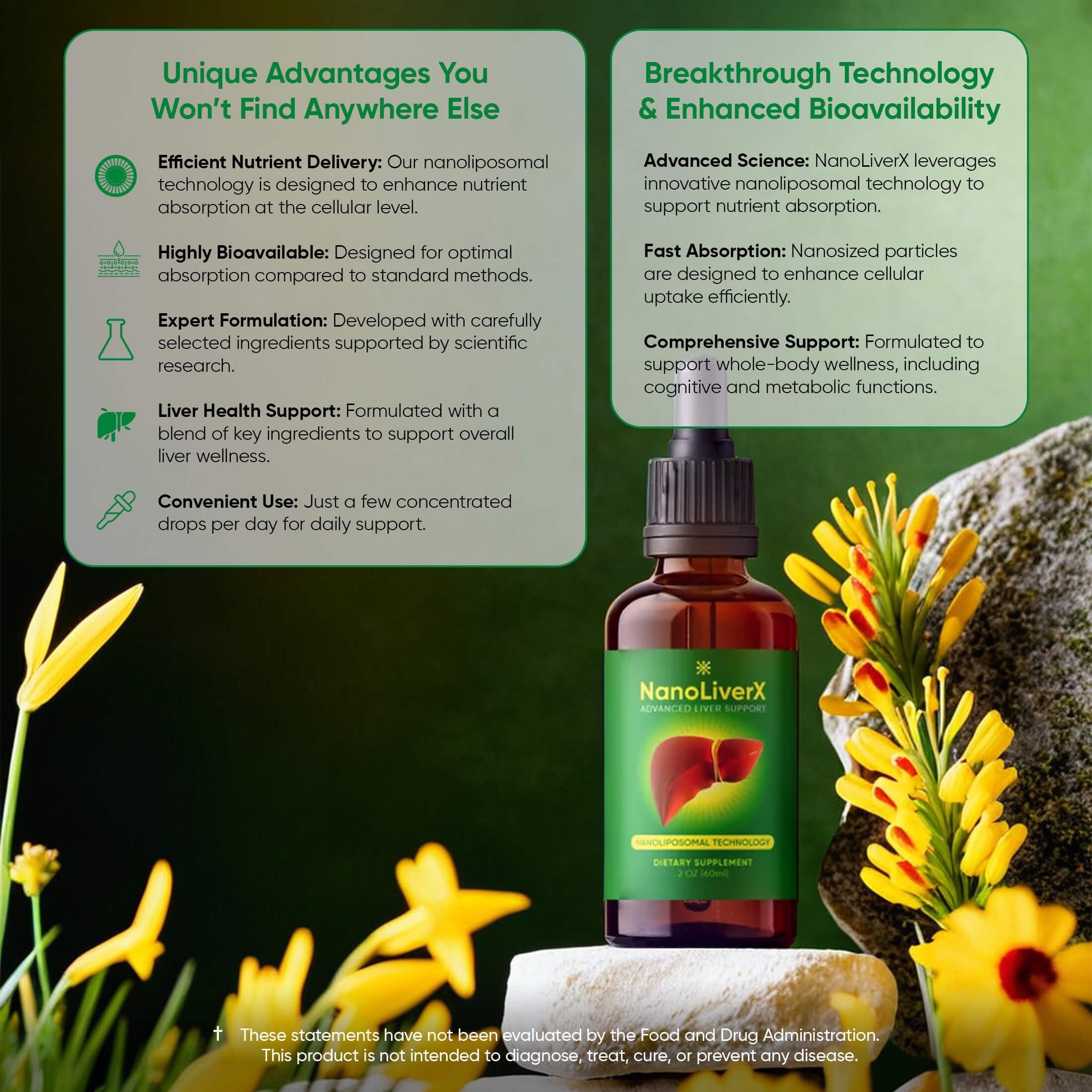NanoLiverX dosage dropper beside water for easy mixing