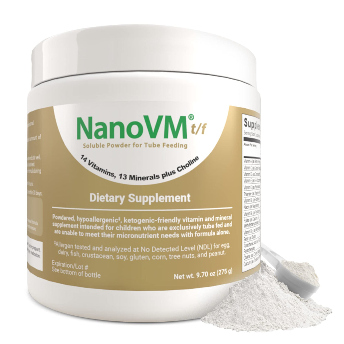 NanoVM t/f bottle close-up highlighting allergen-free formula for kids' nutrition.