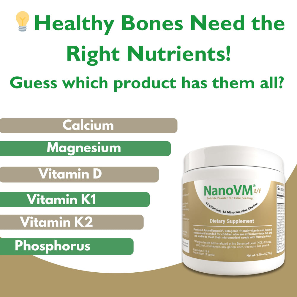 NanoVM t/f nutrition label showing 14 vitamins and 13 minerals.