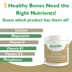 NanoVM t/f nutrition label showing 14 vitamins and 13 minerals.