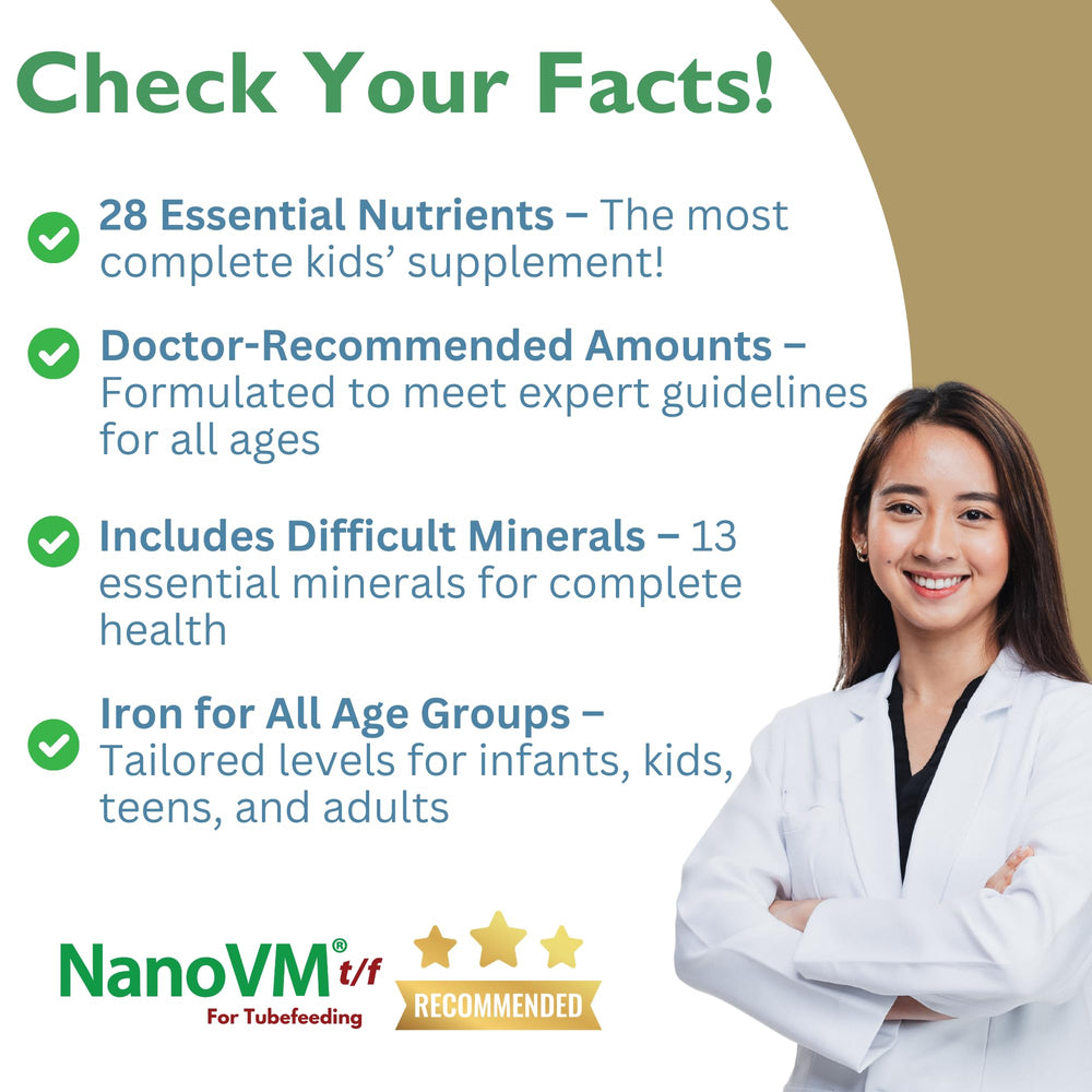 NanoVM t/f unflavored powder jar showing clean allergen-free nutrition for children.