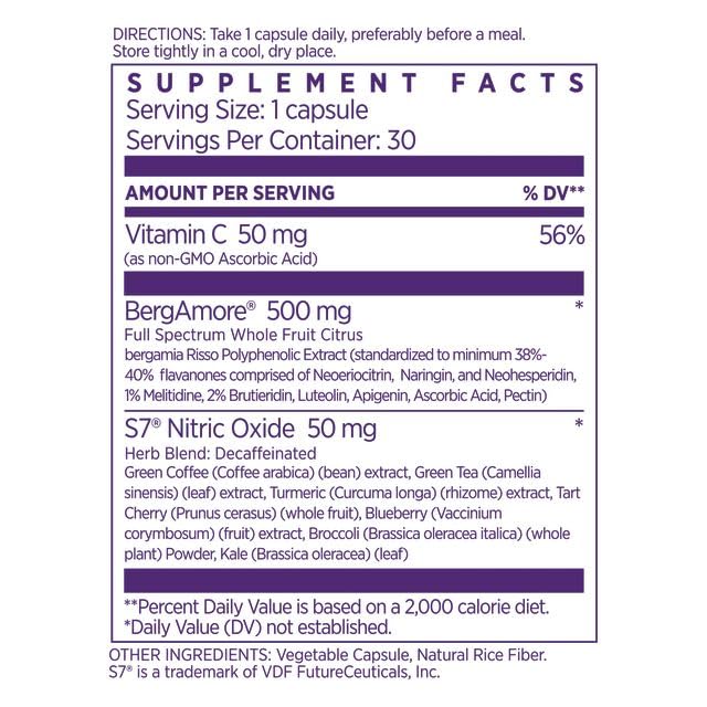 NAOMI Bergamot Plus label closeup highlighting patented BergAmore polyphenols.
