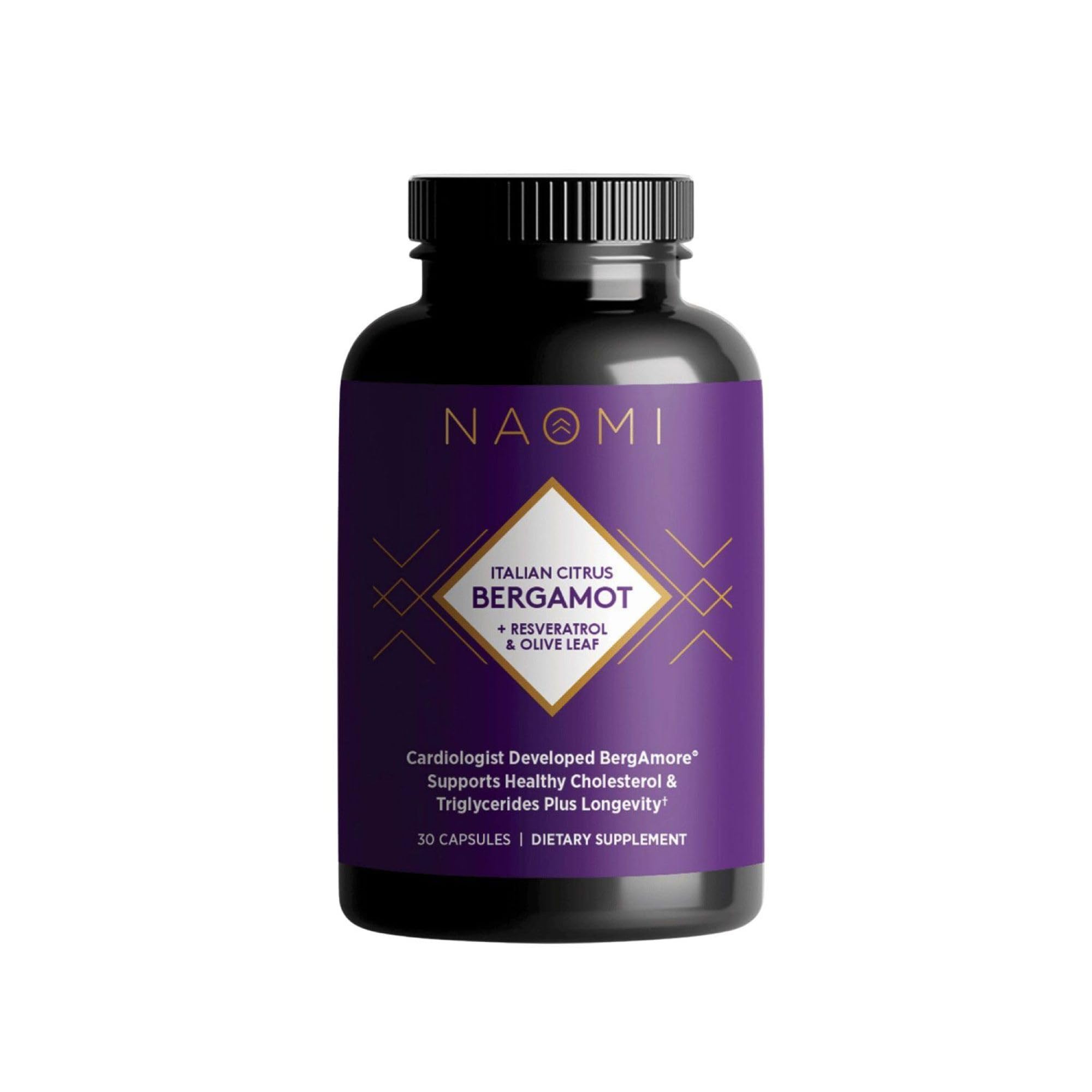 NAOMI Citrus Bergamot Plus Resveratrol bottle highlights cardiovascular support