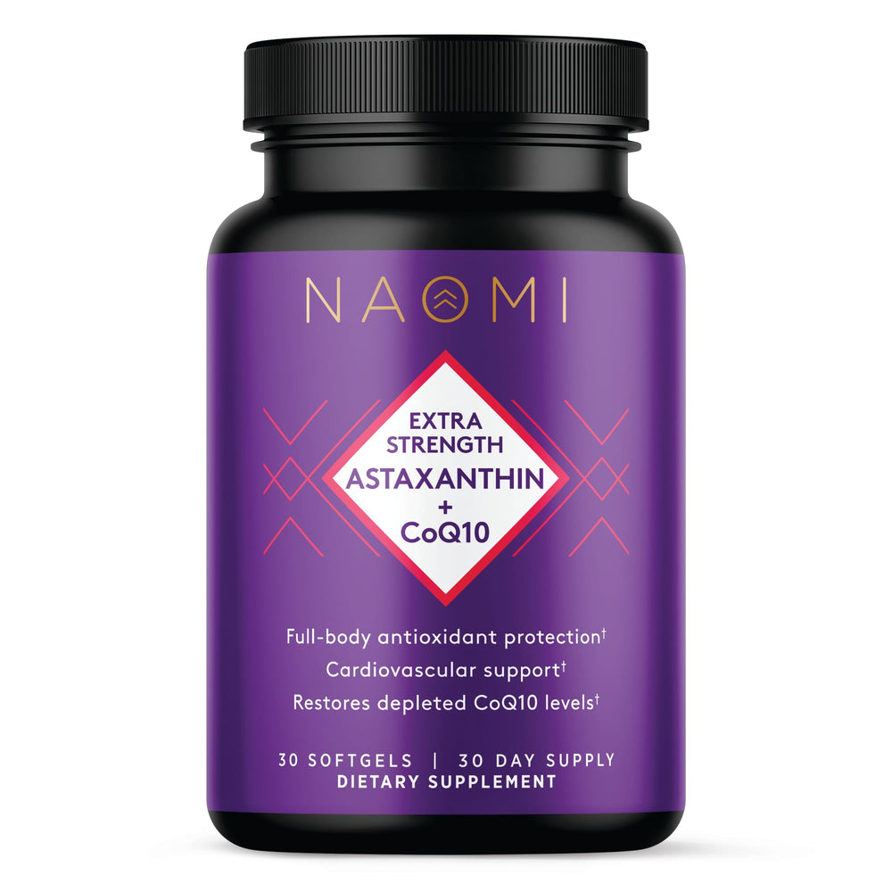NAOMI Extra Strength Astaxanthin + CoQ10 bottle front showing antioxidant formula for daily support