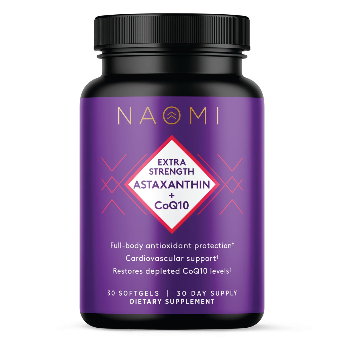 NAOMI Extra Strength Astaxanthin + CoQ10 bottle front showing antioxidant formula for daily support