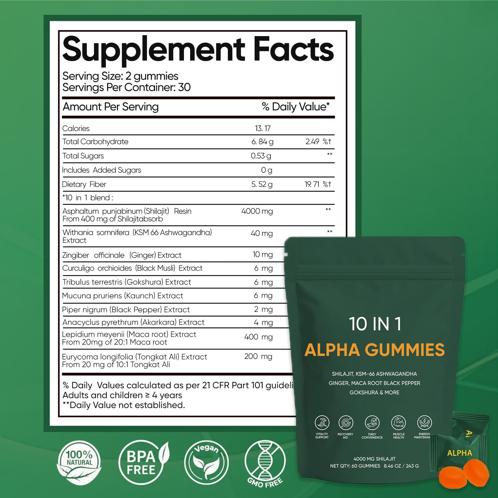 NAPEXIX Alpha Gummies bottle back label; non-GMO formulation for daily wellness.