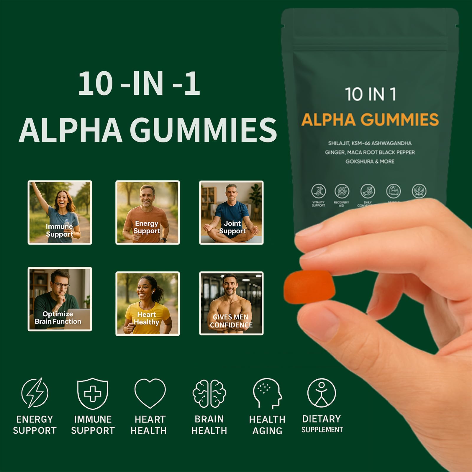 NAPEXIX Alpha Gummies ingredients pack; shilajit and ashwagandha highlighted for vitality.