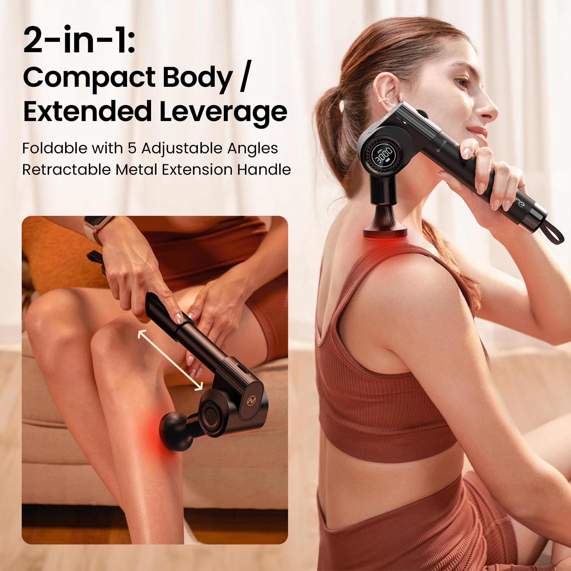 NAPRE massage gun foldable design with retractable long handle for easy reach.