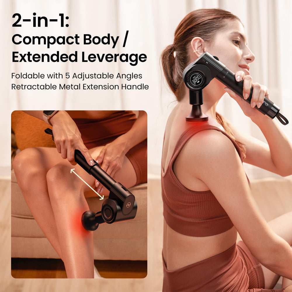 NAPRE massage gun foldable design with retractable long handle for easy reach.