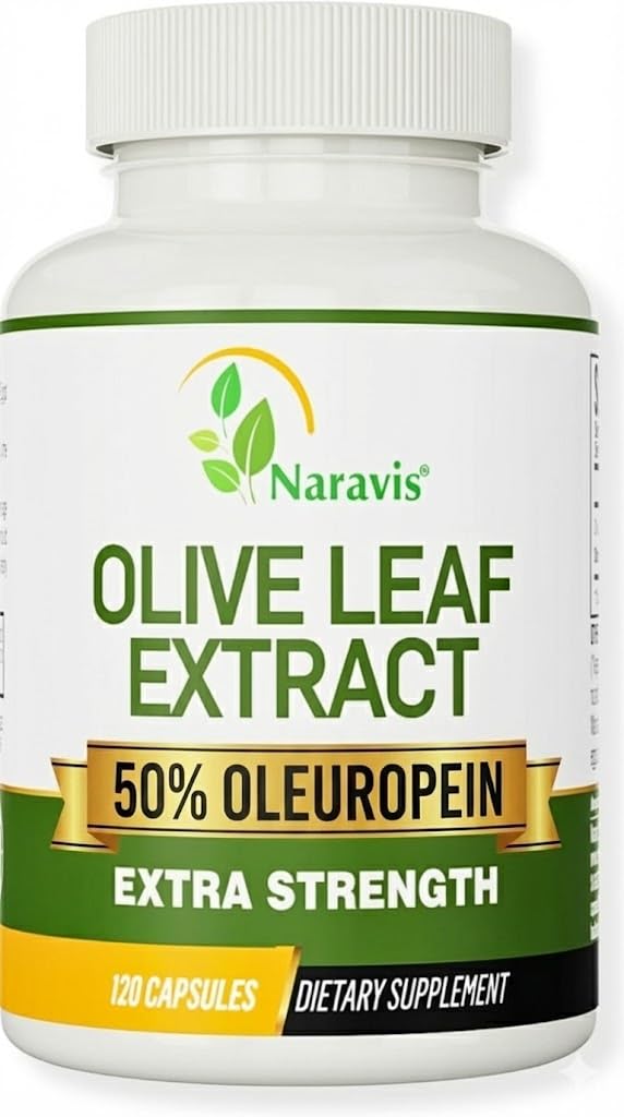 Naravis Olive Leaf Extract bottle showing 50% oleuropein for immune support.