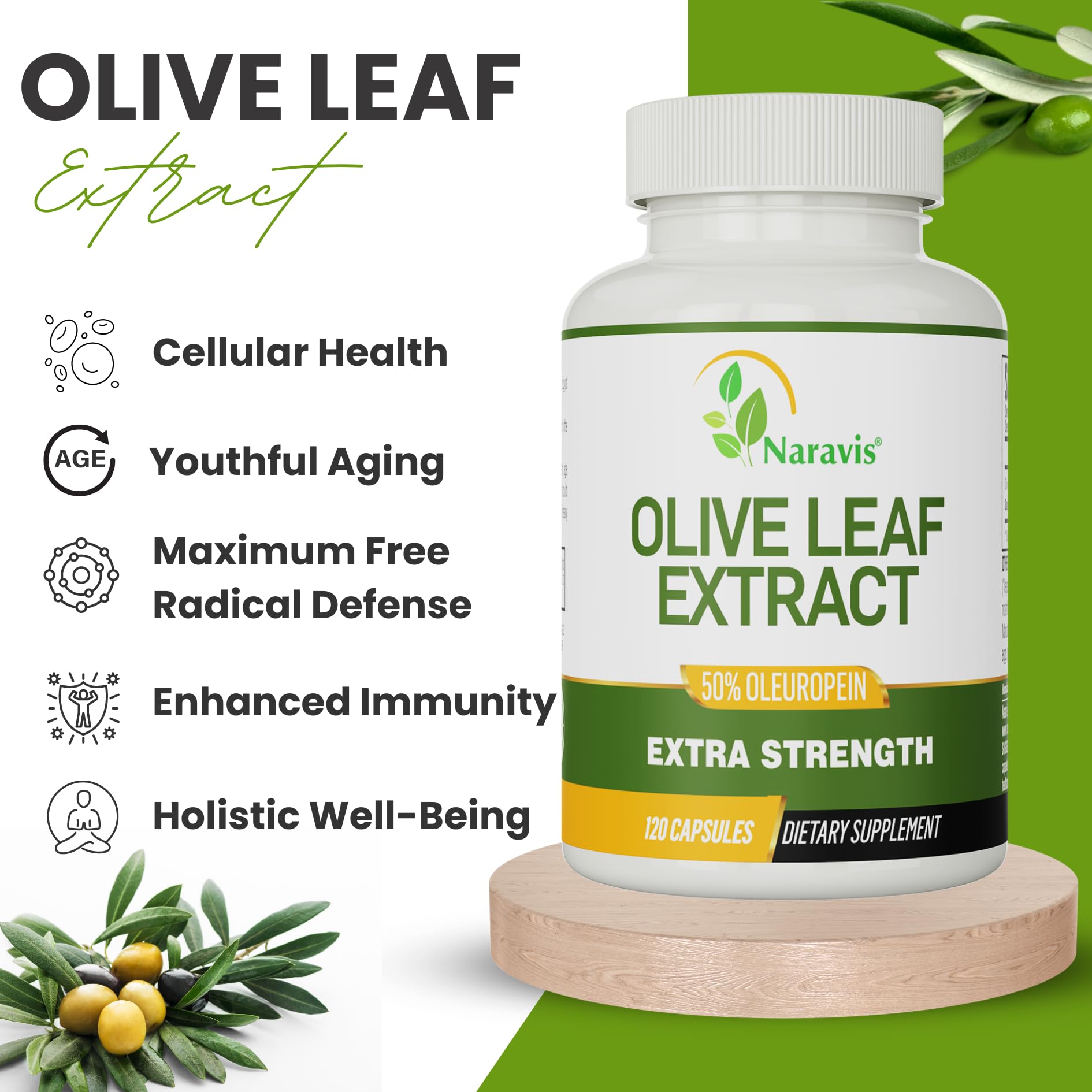 Naravis Olive Leaf Extract bottle on shelf with potency label.