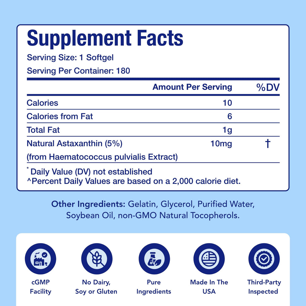 NasaBeahava Astaxanthin capsules close-up shows 10 mg dosage per serving.