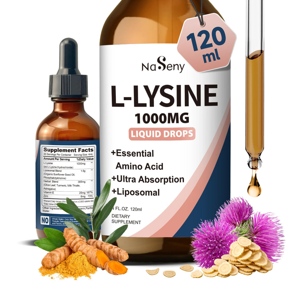NaSeny L-Lysine Drops bottle with 4 oz, easy daily dosing for lips and skin support.