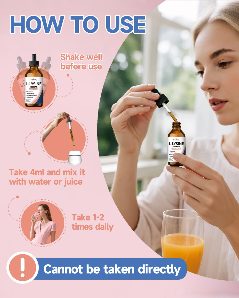 Daily dosing scene showing morning routine with NaSenyne Lysine drops.