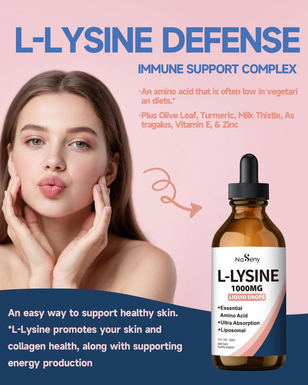 Ingredients label on NaSeny L-Lysine Drops highlighting vitamins and minerals.