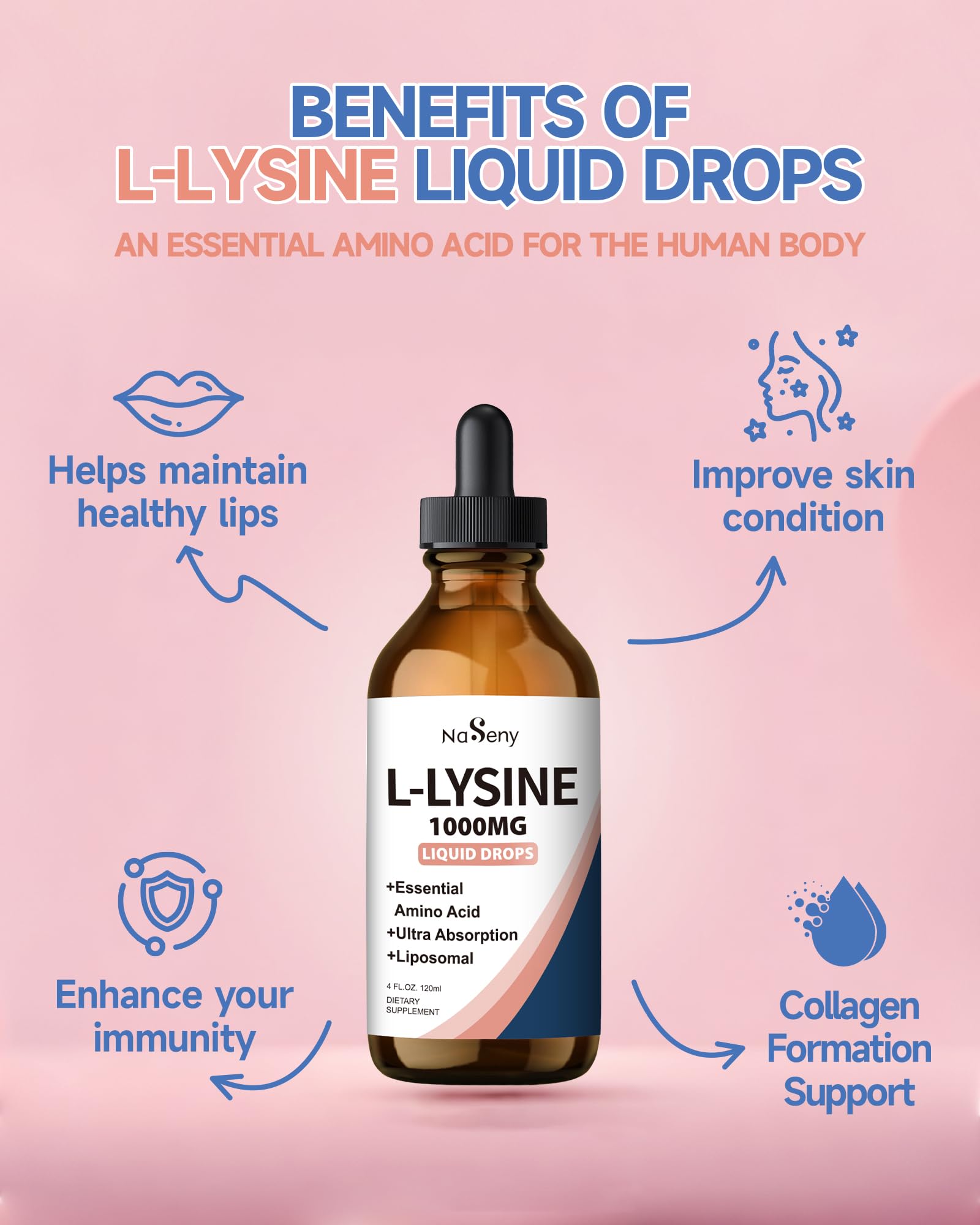 Liquid L-Lysine formulation in bottle designed for smoother absorption and gentle stomach tolerance.