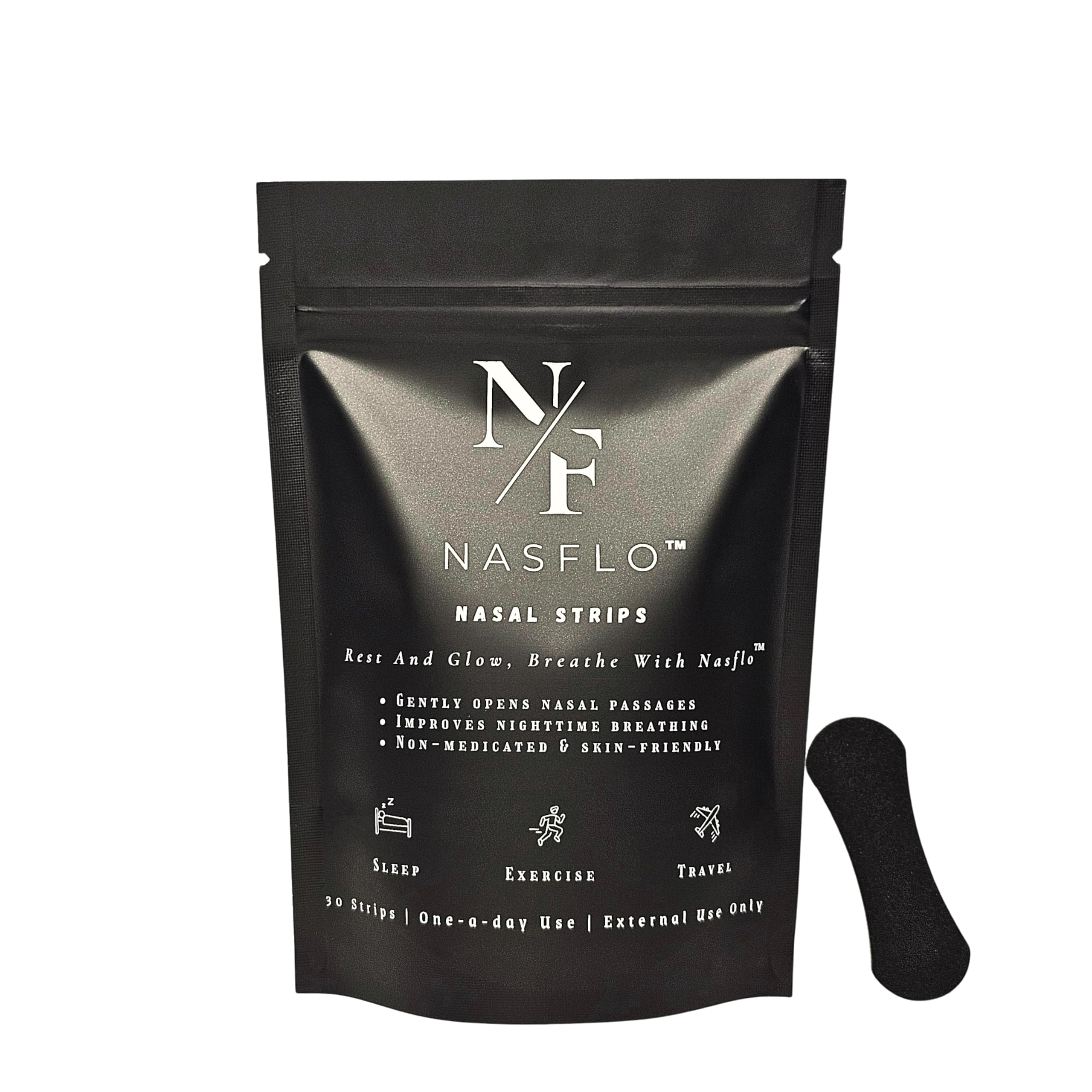 Nasflo nasal strips in black packaging for quick congestion relief on the go.