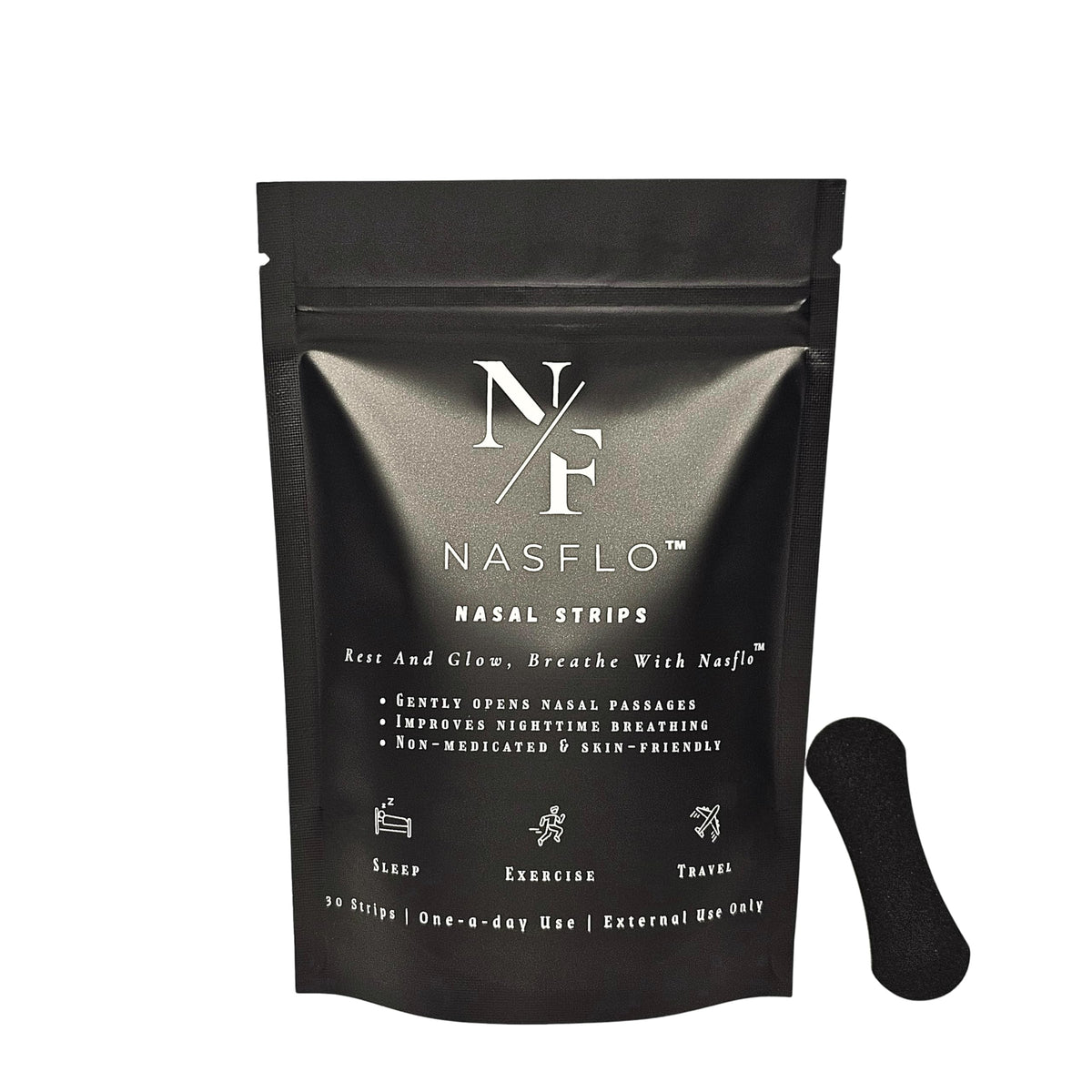 Nasflo nasal strips in black packaging for quick congestion relief on the go.